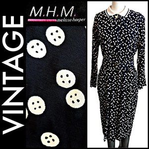 Vintage 80s Quirky Button Print Midi Dress Melissa Harper Hipster unique novelty